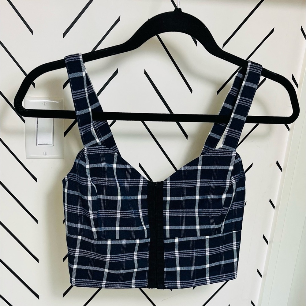 BP. Plaid Crop Corset Tank Top XS Blue Hook & Eye Sweetheart Neckline